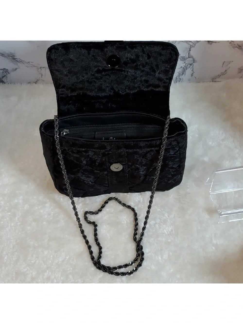Sam Edelman Black Quilted Velvet Shoulder Bag with Jeweled Buckle Accent